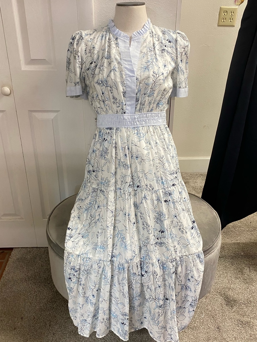 Blue & White Floral Maxi Dress with Smocked Waistband